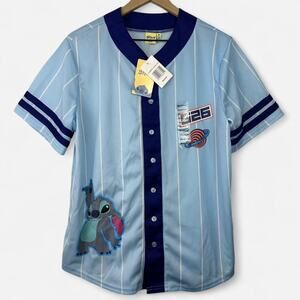 Disney stitch blue pinstripe button up jersey